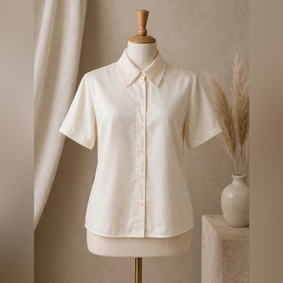 functional Tops - Vintage Cream Satin Blouse Lace Collar Short Sleeve Functional Sz 16